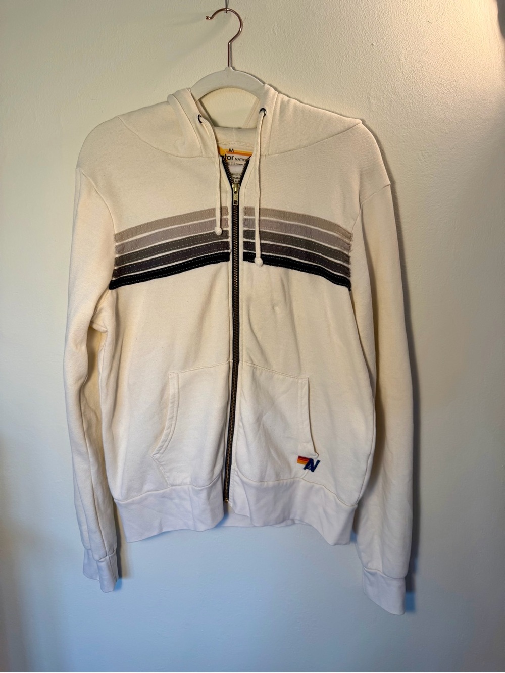 Aviator Nation Size M Cream Zip-Up Hooded Sweatshirt with Gray Stripe Detail